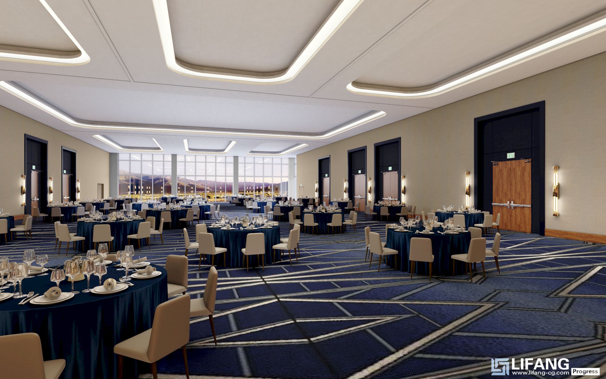 A spacious, elegantly set banquet hall with round tables covered with blue tablecloths, white chairs, and large windows letting in natural light.