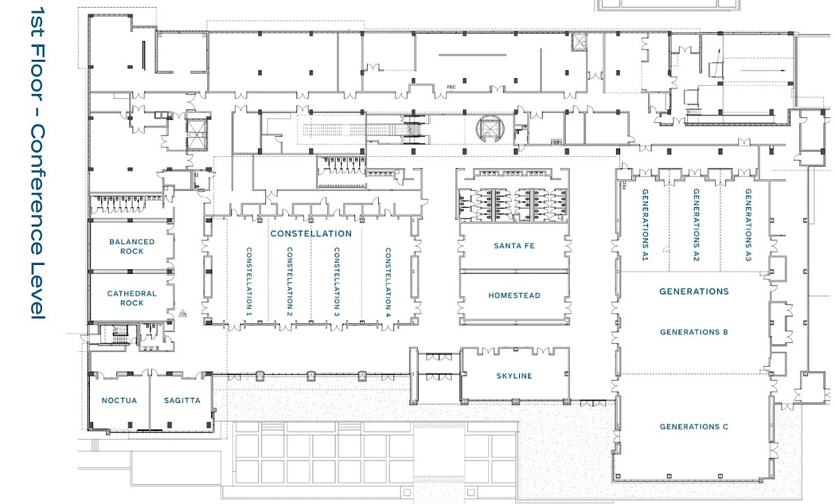 A floor plan labeled "1st Floor - Conference Level" with various rooms such as "Ballroom," "Cathedral Rock," and "Generations A, B, C." ending the sentence.