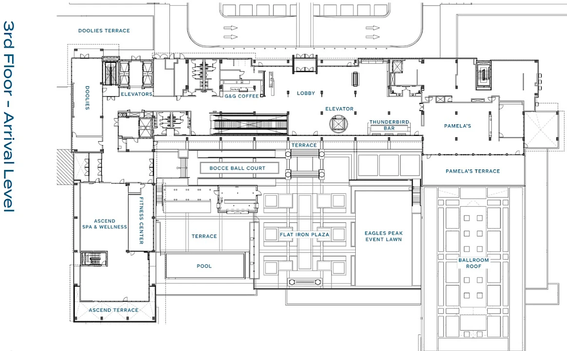 This is a floor plan for the 3rd floor - Arrival Level, featuring various areas including Bocce Ball Court, Flat Iron Plaza, pool, terraces, and Ballrooms.