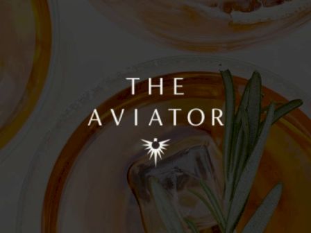 The image contains the logo of "The Aviator," with a stylized bird symbol below the text. There are also amber-colored drinks with herbs shown.