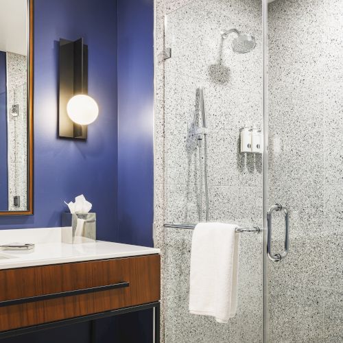 The image shows a modern bathroom with a glass shower, blue walls, a wall light, a large mirror, and a countertop with a tissue box.