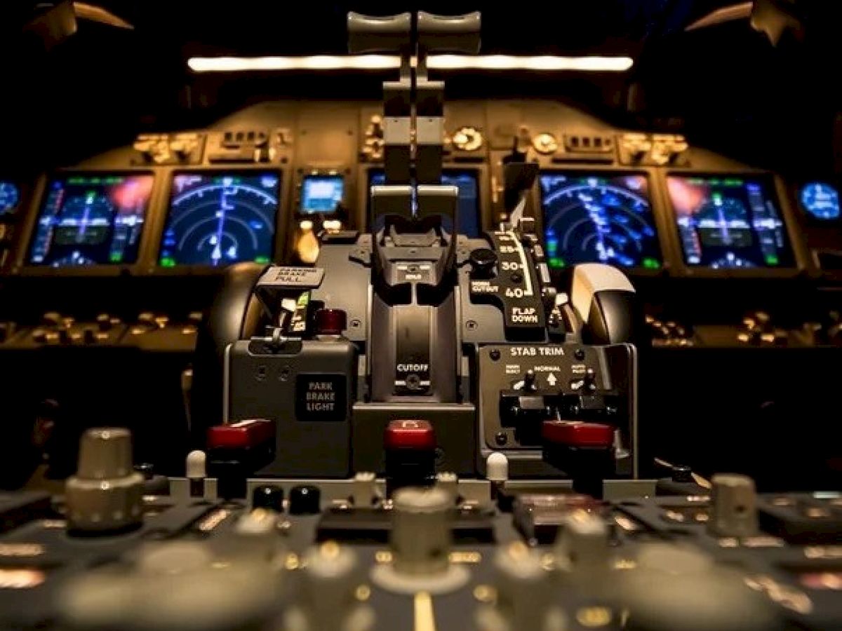 The image shows the cockpit of an aircraft, highlighting its control panels, throttle levers, and multiple illuminated screens.