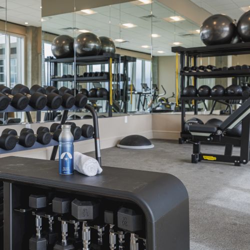 A gym with weights, exercise balls, benches, and equipment. A bottle and towel rest on a weight station in front.