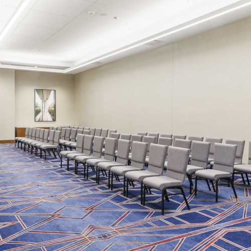 The image shows a conference room with rows of gray chairs, a podium, and blue patterned carpet, designed for meetings or presentations.