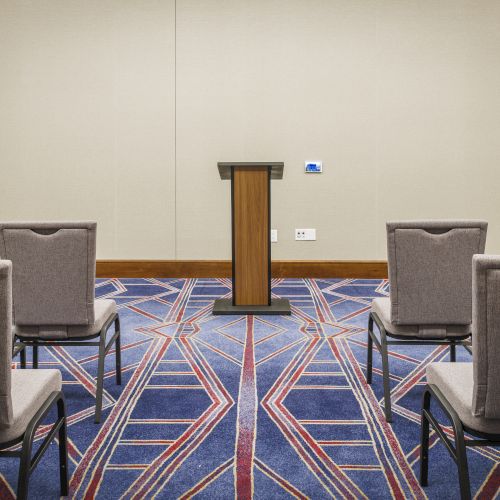 The image shows a small conference room with a podium and several chairs set up for an audience on a patterned carpet.