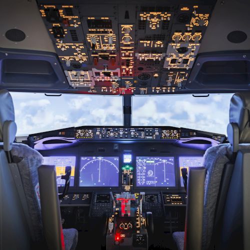 The image shows the cockpit of an airplane with various controls, screens, and seats, looking out to a view of the sky and clouds.