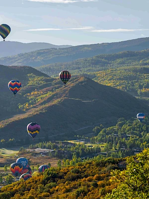 Hot air balloons float above a lush, mountainous landscape under a clear sky, creating a scenic and colorful view.
