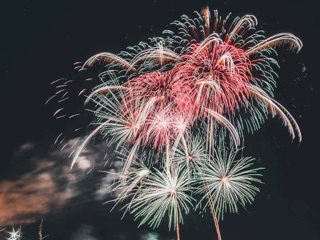 The image shows a vibrant display of fireworks bursting with colorful patterns against a dark night sky.