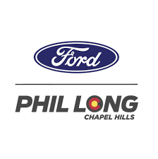 The image shows the Ford logo above the text "Phil Long Chapel Hills," with a design element resembling a target inside the letter "O" in "Long."
